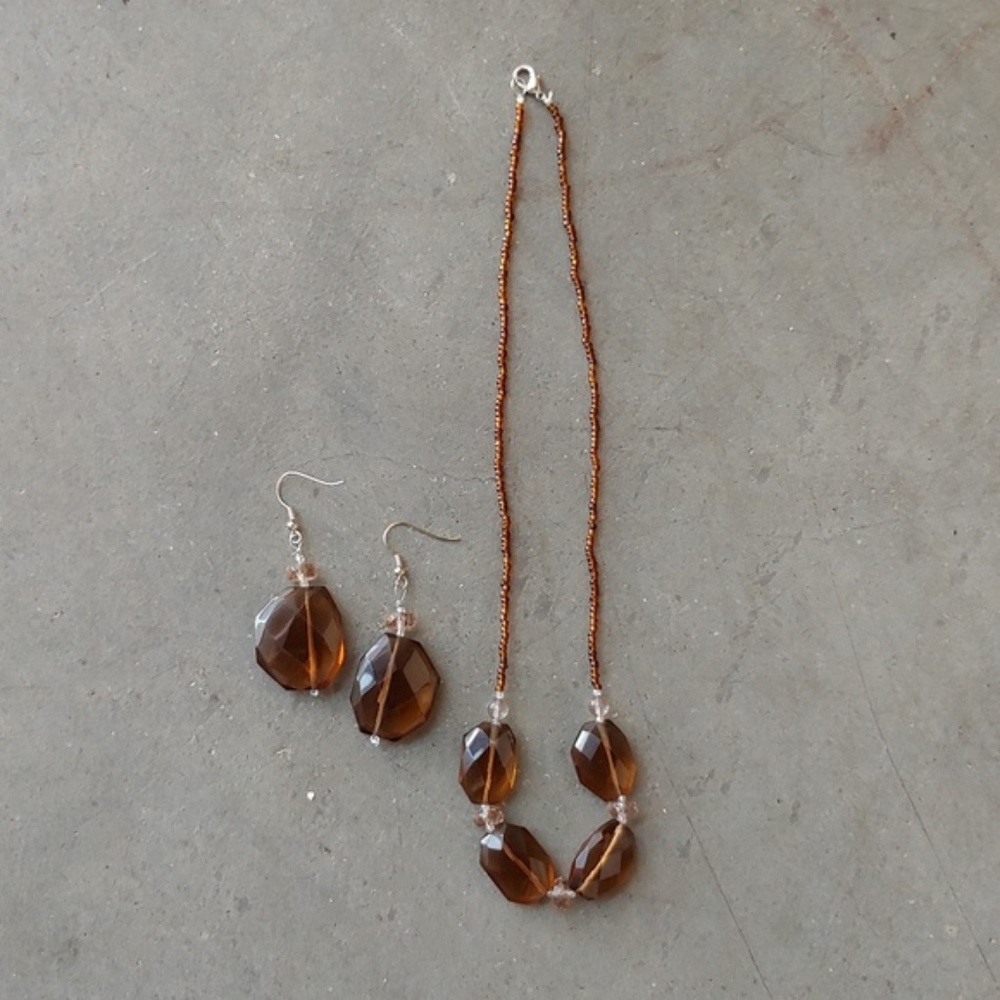 Handmade Beaded Brown Glass Pendant Necklace and Earrings Set